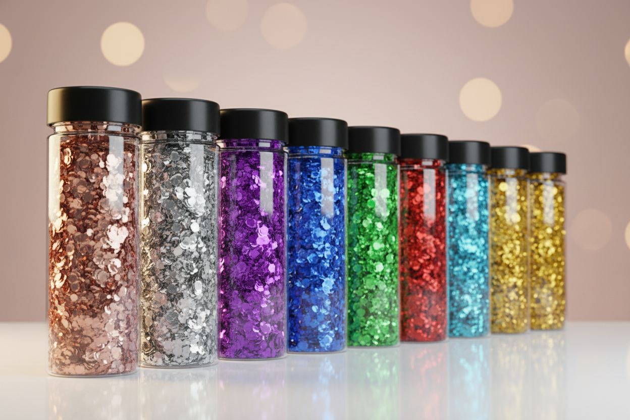 Frascos de glitter con fondo rosa bokeh