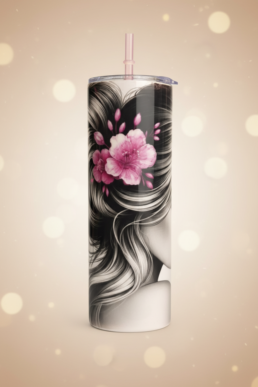 Tumbler Sublimado 20 oz - Mujer Cabello con Flor Rosa