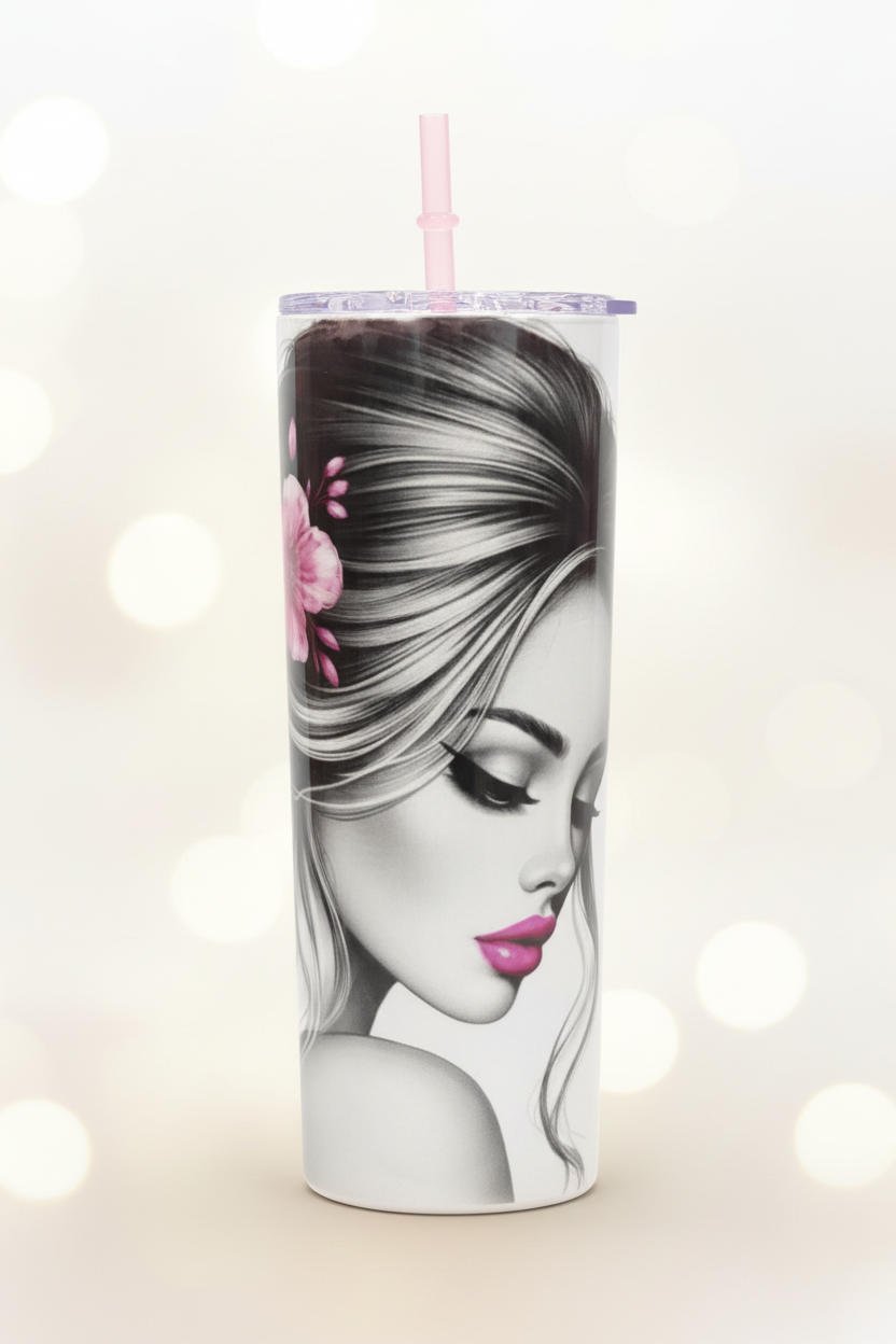 Tumbler Sublimado 20 oz - Mujer Cabello con Flor Rosa